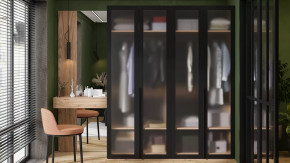 Спальный гарнитур «Порто» №4 Яблоня Беллуно/Графит/Стекло сатин черное в Сургуте - surgut.mebel-tymen.ru | фото